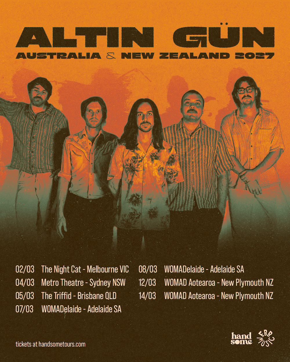 Tour poster for Altın Gün Australia & New Zealand 2027 featuring band members and concert dates.